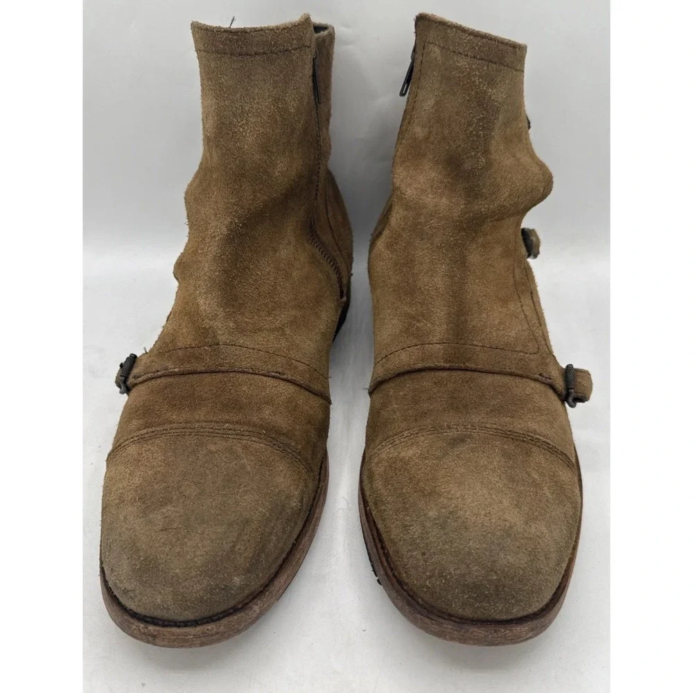 FRYE Ethan Triple Monk Strap Boots Men's 11 D Tan Suede Leather Ankle Zip 88119